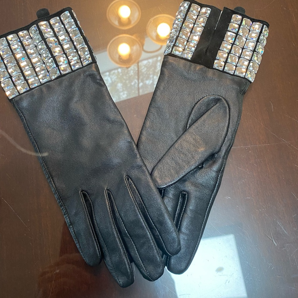 kate spade Black Leather Gloves with Crystal Cuff